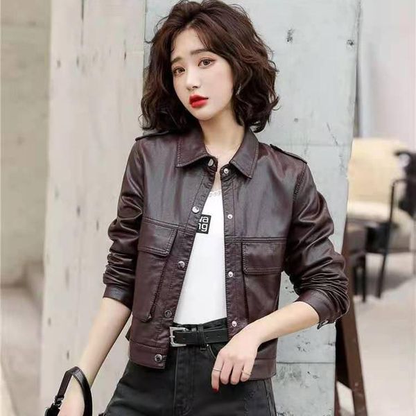 

women's leather & faux 2021 spring autumn chic women slim short jacket female pu casual motor biker jackets fashion outerwear x620, Black
