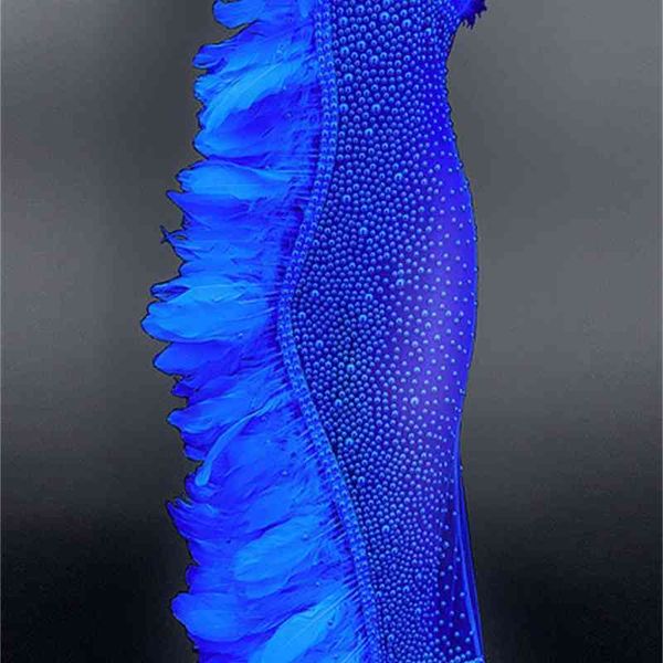 

dress elegant white blue feather see through wedding party long women prom halter rhinestone dress singer stage clothes, Black;gray