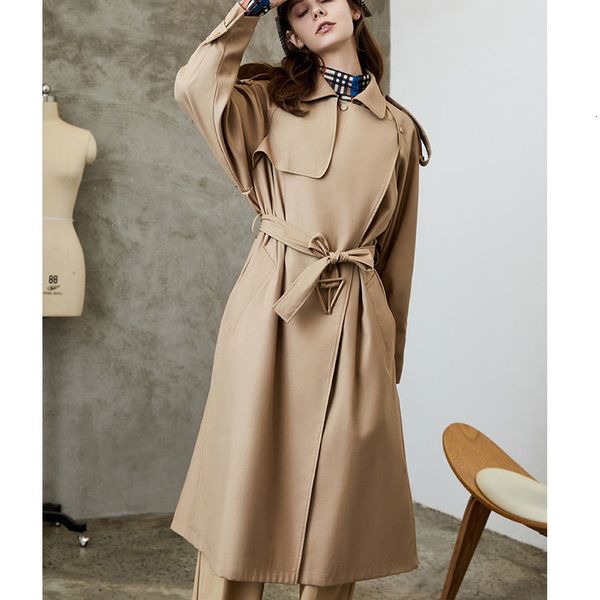 

women's trench coats 2021 autumn fashion coat with belt turn down collar long khaki femme casaco abrigo streetwear, Tan;black