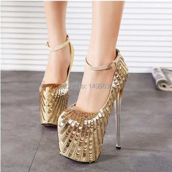 

fashion 19.5cm ultra high heels shoes sequined with platform round toe pumps women's party bling women dress, Black
