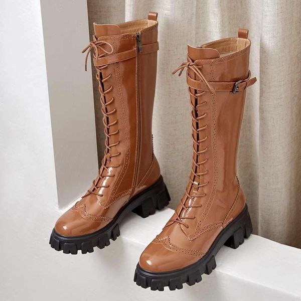 

boots lenkisen brogue carved knight boots genuine leather lace up belt buckle thick bottom round toe winter warm mid-calf l761 pbof, Black