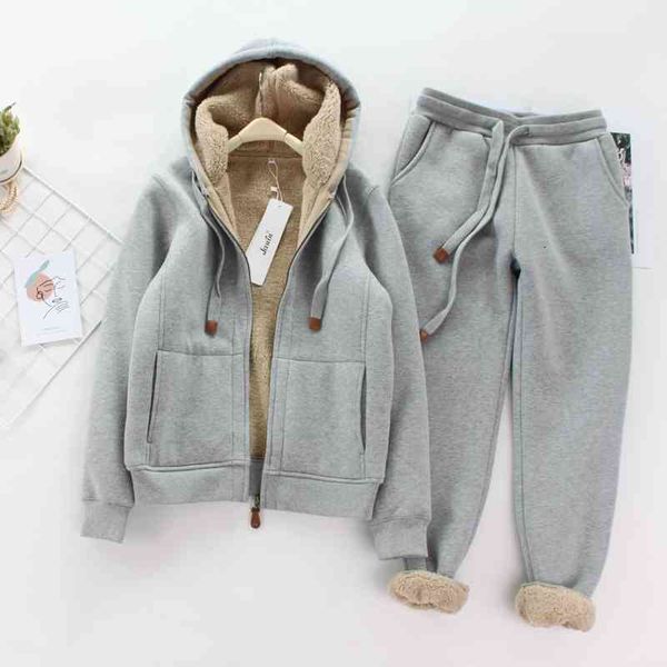 

women's two piece pants sports and leisure suit winter lamb wool plus velvet thickening simple thin long-sleeved hooded short coat swea, White