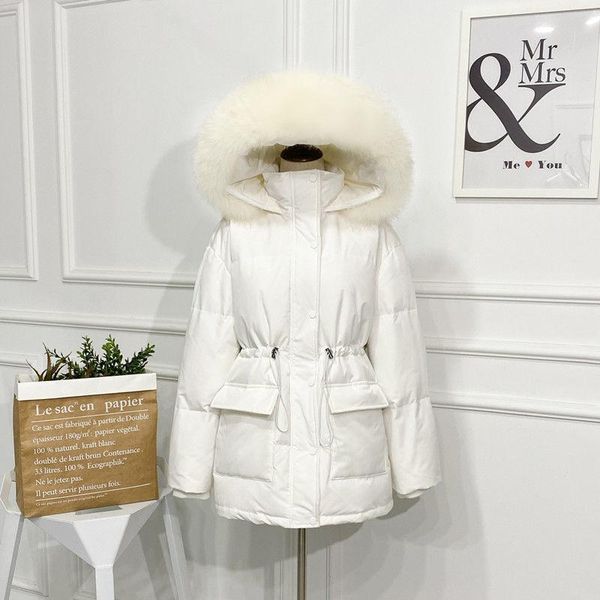 

women's down & parkas jacket waist closing drawstring artifical fur hooded thickened slim elegant office lady warm parker winter coat, Black