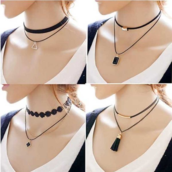 

jczr.y women double layer leather rope clavicle chain necklace choker geometric hollow triangle pendant neck ring jewel chokers, Golden;silver