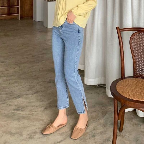 

washed high waist jeans women's summer korean casual straight ladies denim pants ankle-length 210607, Blue