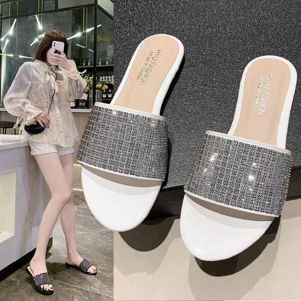 

women's flip flops summer fashion black white slippers ladies rhinestones flat bottom word drag seaside beach sandals