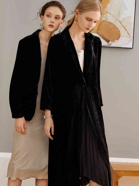 

2021 winter heavy temperament mulberry silk veet long windbreaker woman, Black