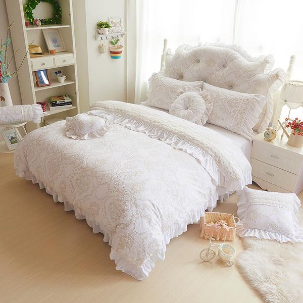 

bedding sets korea style beige white 4/9pcs fleece jacquard winter full  king duvet cover+bedskirt+pillowcases girl bed set