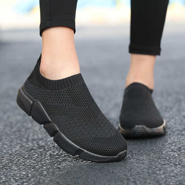 

sneakers women shoes knitting sock sneakers women slip on flat laides walking shoes woman loafers flats tenis famela plus size y0907, Black