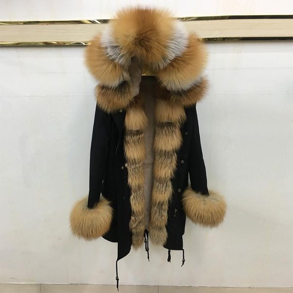 

real fur parkas red thick warm outwear 2021 collar liling 90cm women's & faux, Black