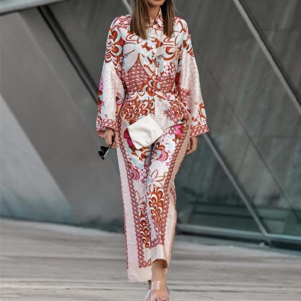 

women's two piece pants 2021 summer personality outfit printed shirt loose split scarf three suit casual matching co ords set, White