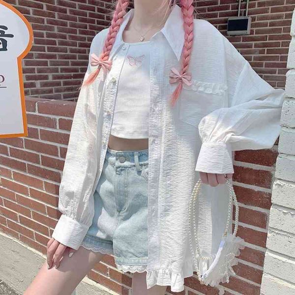 

women's blouses & shirts deeptown female linen shirt long sun-proof sleeve plied korean style sweatshirt summer pink cardigan solid clo, White