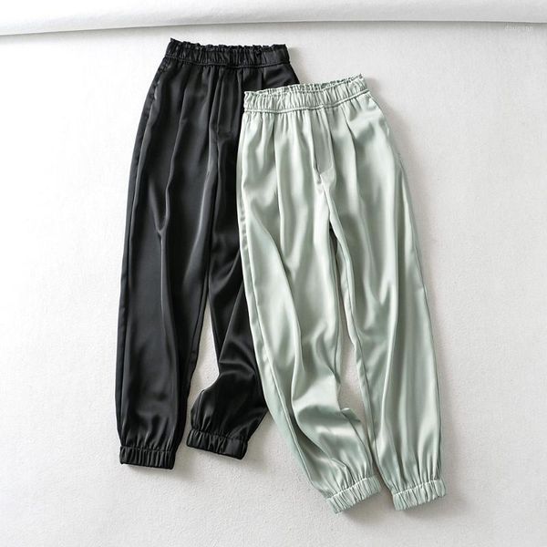

women's pants & capris 2021 brand high waist silk loose pockets women max trousers summer chinese style high-quality satin smooth black, Black;white