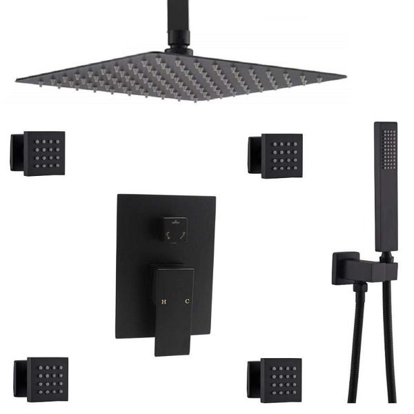 

shower system ceiling faucet set with 12" rain head and body jets (black) bathroom sets