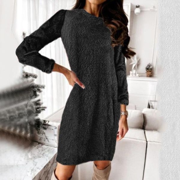 

casual dresses dress autumn women sweater solid color plush winter loose round neck long sleeve fashion mini, Black;gray