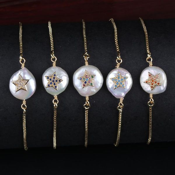 

cz micro paved tiny star charm freshwater pearl bead charms dainty gold link bracelets for women wedding birthday jewelry gift link, chain, Black