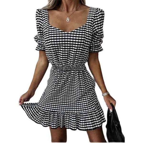 

retro square collar plaid waist slimming dress casual summer fashion women's clothing 210520, Black;gray