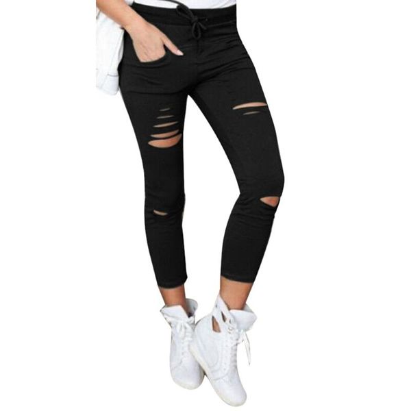 

women ripped pants high waist stretch leggings slim pencil trousers summer autumn long solid color skinny women's, Black