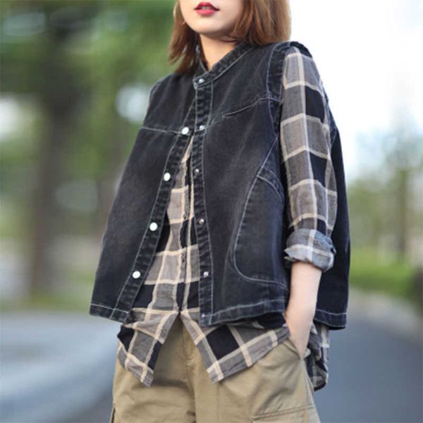 

autumn arts style women sleeveless short denim vest coat all-matched casual double pocket vintage blue vests m682 210608, White