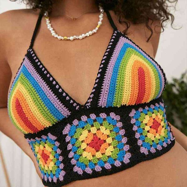 

y2k bohemian knitted cami beach style summer vacation chic women sleevless v-neck backless crop mini vest handmade, White