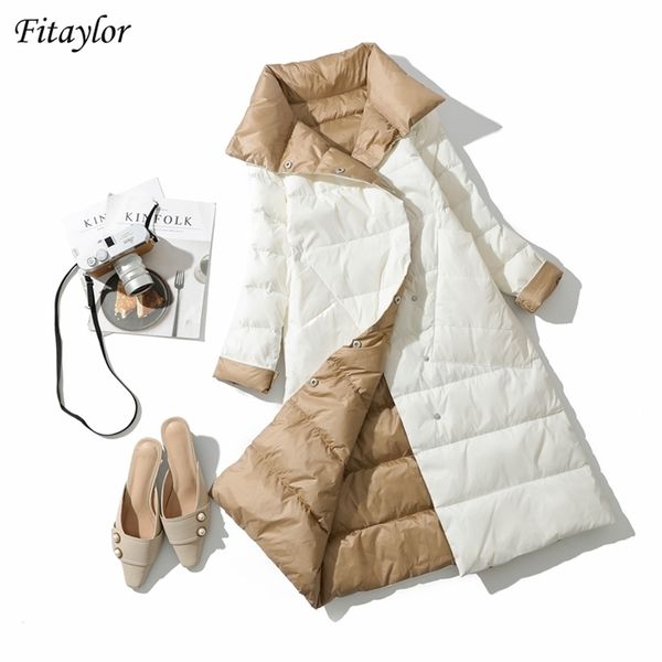

fitaylor winter women turtleneck white duck down coat double breasted warm parkas sided long jacket 210902, Black
