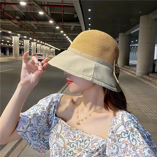

wide brim hats summer for women knitted breathable foldable sun hat with bow protection sunshade korean beach cap travel, Blue;gray