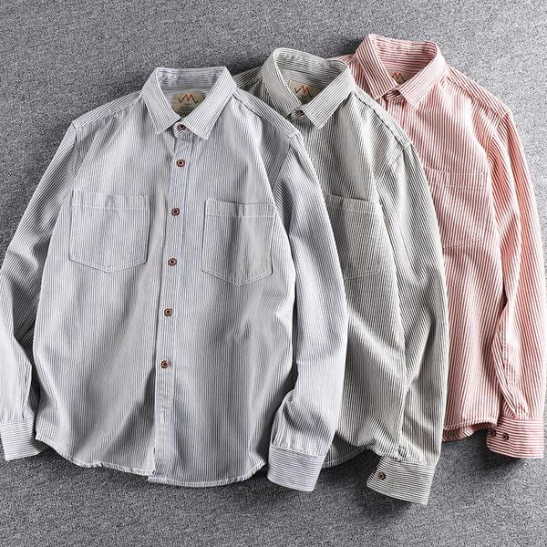 

men's casual shirts men clothing 2021 pinstripe tooling shirt japanese retro old washed long-sleeved trend camisas para hombre, White;black