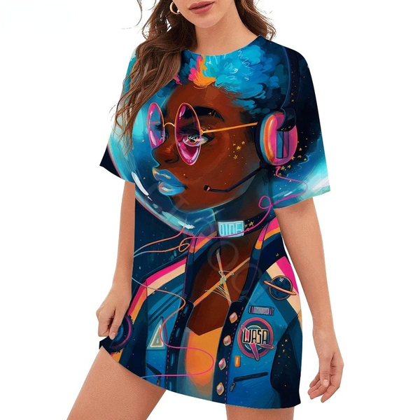 

cloocl cartoons african girl women t-shirts printed lady clothes loose short sleeve street style teens leisure outfits, White