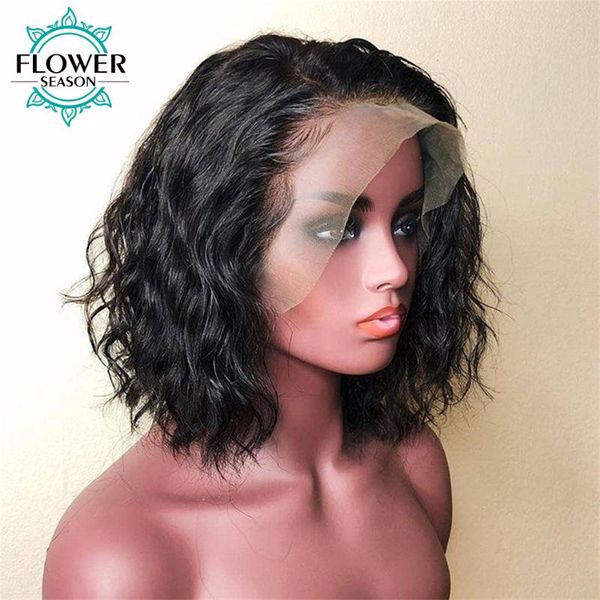 

lace wigs short bob water wave front human hair wig 13x6 hd transparent 150% remy preplucked flowerseason, Black;brown