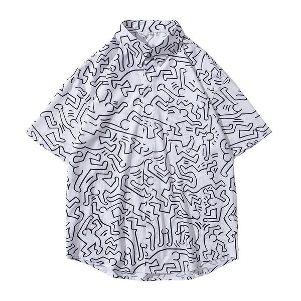 

men's short-sleeved shirt 2021 summer loose casual button cardigan geometric creative stripe printing lapel shirts, White;black