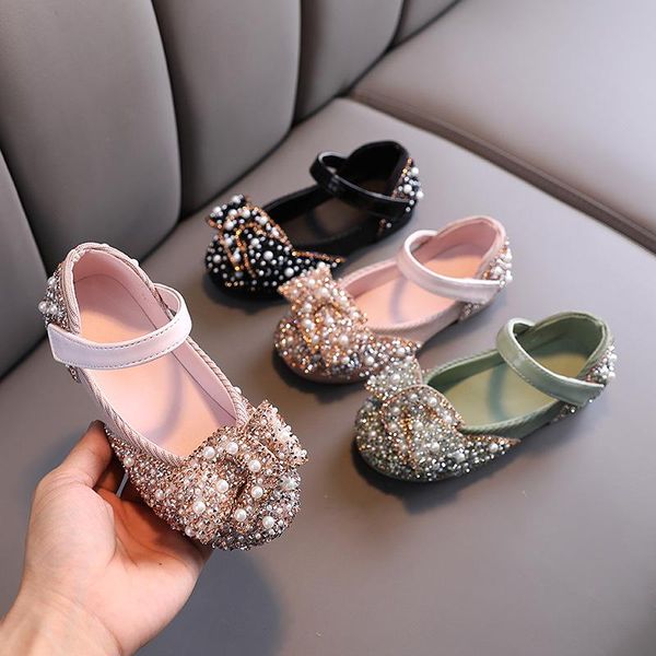 

flat shoes kids baby girls pearl crystal bling bowknot single princess fashion sandals diamond decoration girl, Black;grey