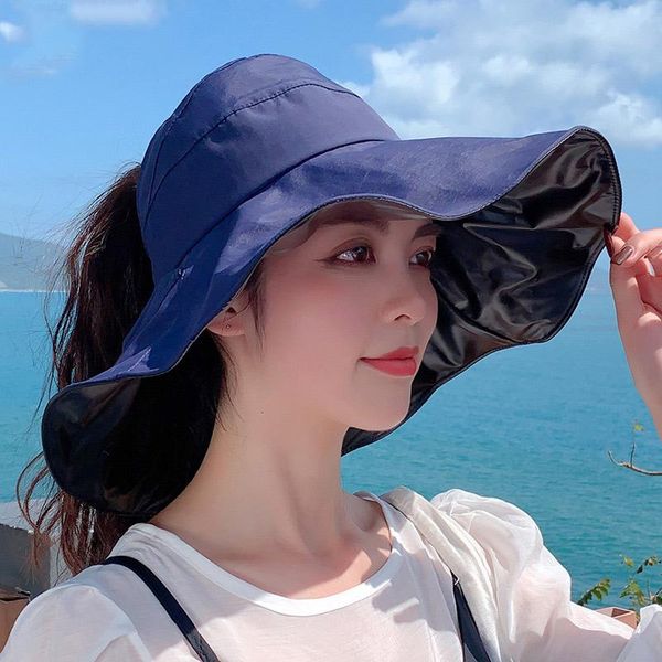 

women's summer beach big brim bow hat for female seaside travel outdoor sun uv protection korean foldable visor cap 8 colors wide hats, Blue;gray