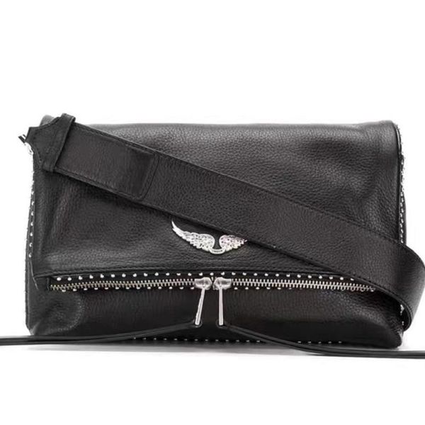 

duffel bags 100% genuine leather messenger black wings beads decoration double layer chain huge shoulder bag women