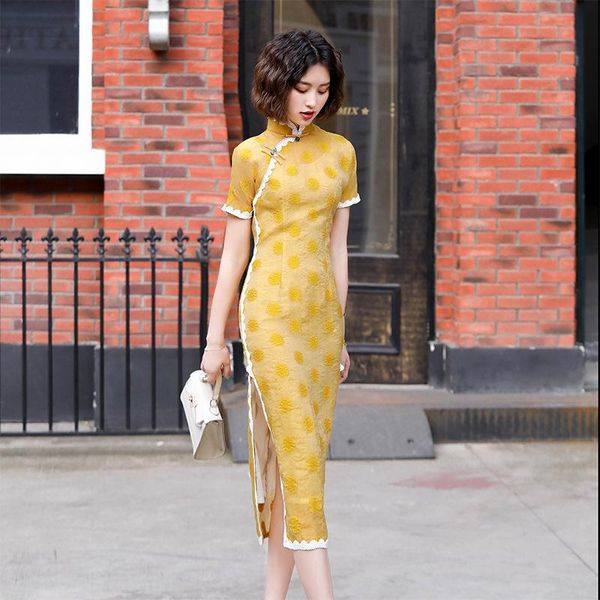 

yellow vintage female cotton qipao elegant print floral spring summer long chinese dresses bridesmaid wedding party cheongsam ethnic clothin, Red