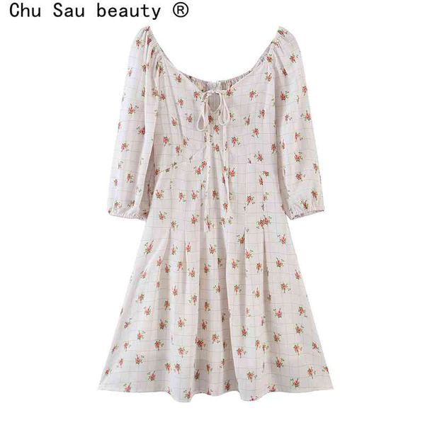 

summer fashion vintage woman high waist chest strap plaid print chiffon a-line sweet holiday puff sleeve girl mini dress 210514, Black;gray