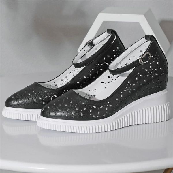 

boots 2021 summer mary jane shoes women ankle strap genuine leather wedges high heel female chunky platform pumps, Black