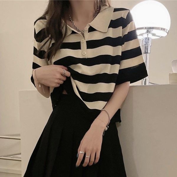 

women's t-shirt design sense korean style chic summer clothing 2021 trendy short striped sleeve knitted, White