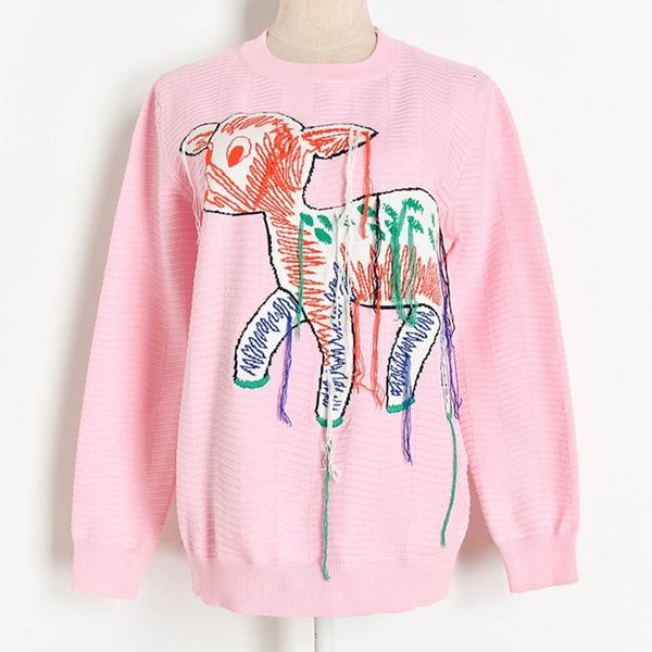 

women's sweaters brand design christmas ladies pullover casual color sweet tassel cartoon fawn knitted sweater long sleeve pink white c, White;black