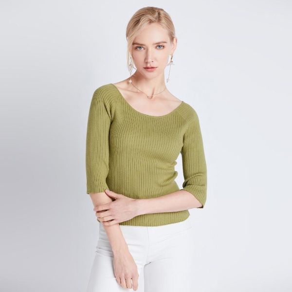 

women's sweaters 2021 spring korean version of the slim slimming clavicle stretch sweater short paragraph five-point sleeve bottoming1, White;black