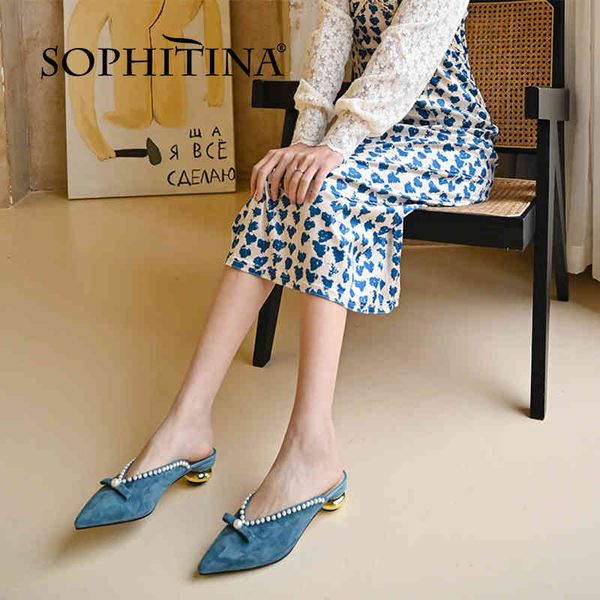 

sophitina pumps shoes women strange heels genuine leather mules pearl sweet stylish pointed toe butterfly-knot dressing fo353 210513, Black
