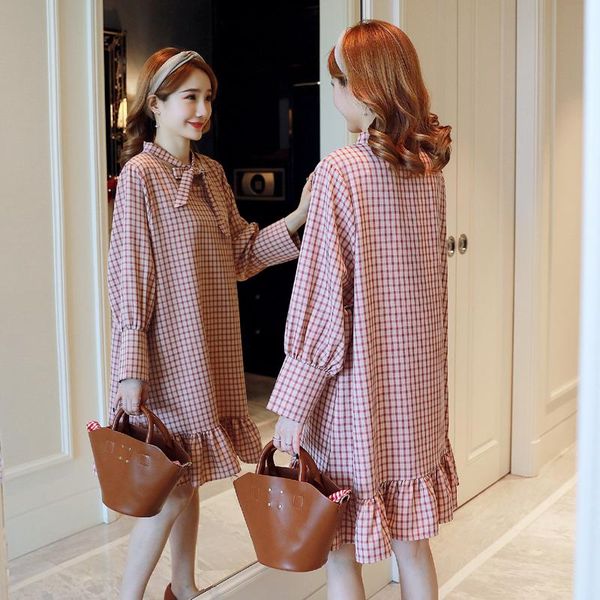 

maternity dresses 790# clothes summer short sleeves plaid pink color block loose stylish dress pregnant women mom, White