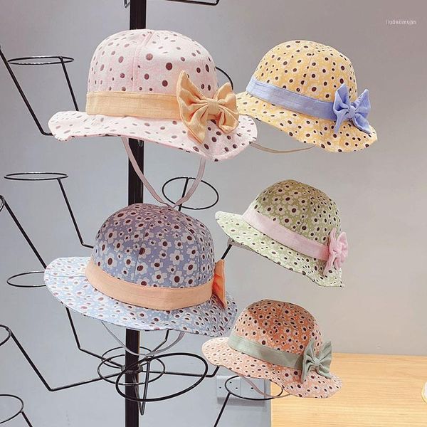 

lovely baby bucket hat with bow summer flower print kids girls cap outdoor children panama sun hat1, Yellow