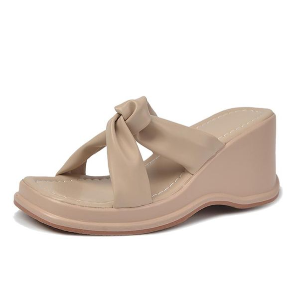 

slippers 2021 wedges slides women summer outdoor beach shoes fashion brand high heels woman female leather sandals d082, Black