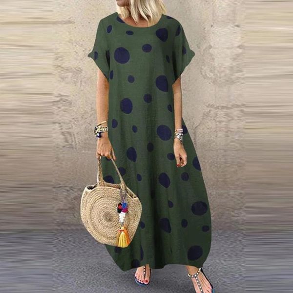 

casual dresses summer dress fashion women dot printed bohemian loose short sleeve o neck maxi plus size elegant women's party, Black;gray