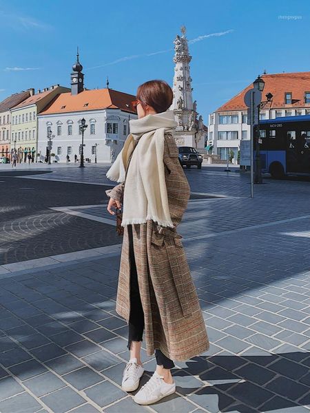 

long women's wool blend coat women jacket loose casual fashion winter plaid woolen coats & blends, Black
