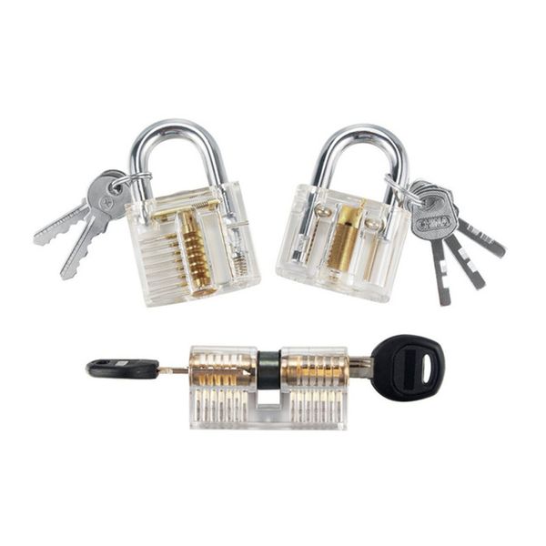 Set da 3 grimaldelli per esercitazione, set di serrature per addestramento con lucchetto con chiave in cristallo trasparente per fabbro, inclusi 3 tipi comuni