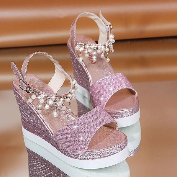 

sandals 2021 summer shoes for woman wedge rhinestone women bling peep toe high heels ladies footwear sandal platform, Black