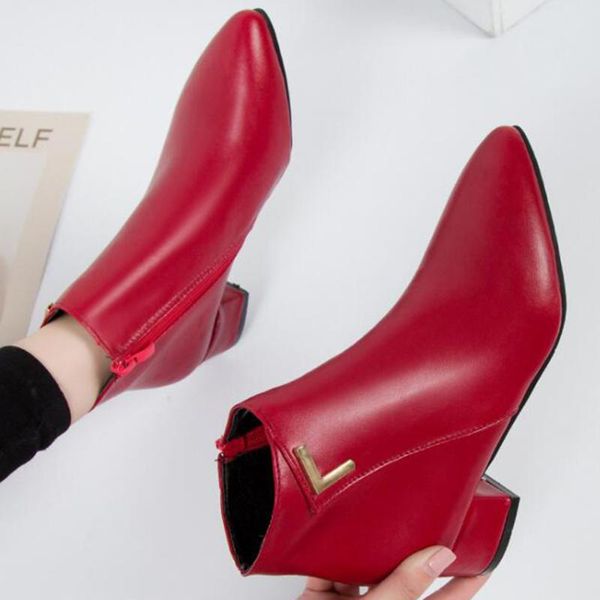 

boots fashion women winter shoes zipper retro pointed toe leisure booties thick heel ankle botas de mujer ll495, Black