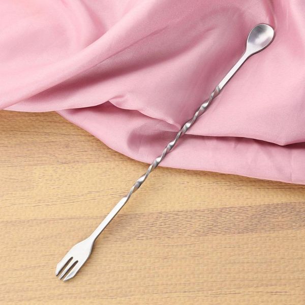 

forks 304 stainless steel cocktail pick spoon mixing fork swizzle stick long bar tea stirring twisted bartender tool -
