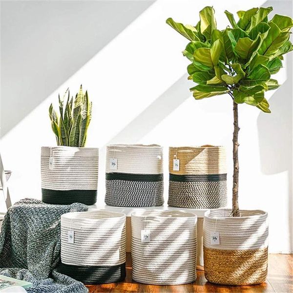 

zerolife folding laundry basket 20x20cm cotton woven storage straw sundries closet for plant flower pot balcony baskets